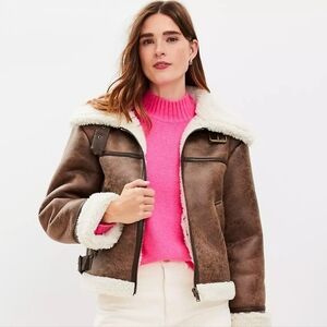 Loft Crackle Faux Suede Sherpa Aviator Jacket